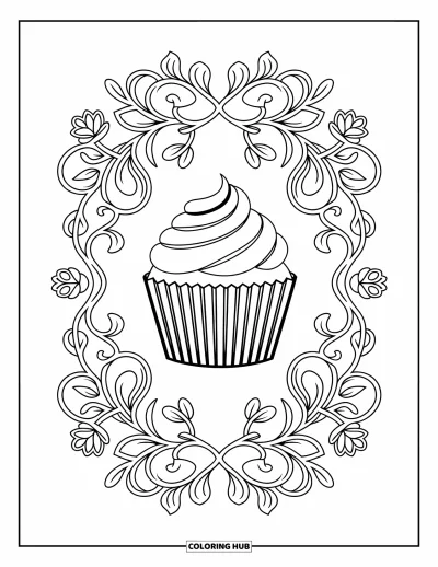 Coloriage de cupcakes pour adultes : Un cupcake avec des feuilles et des lianes se trouve au milieu de motifs floraux tourbillonnants