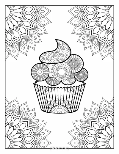 Coloriage de cupcakes pour adultes : Un cupcake aux motifs mandala parmi des bordures détaillées et des motifs floraux
