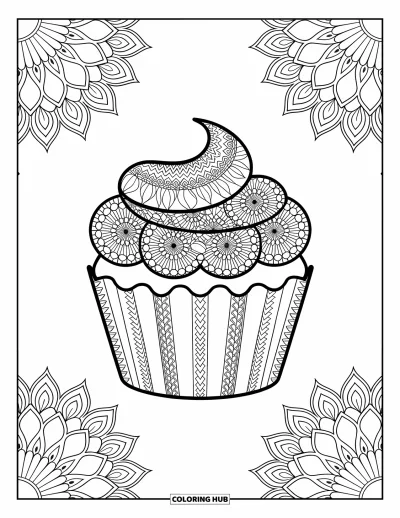 Coloriage de cupcakes pour adultes : Un cupcake aux motifs mandala parmi des motifs floraux et des bordures ornées