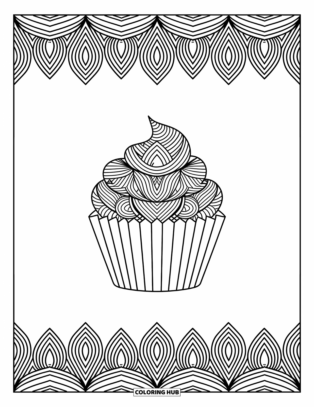 Cupcake Coloring Page for Adults: A cupcake with mandala patterns sits at the center, framed by detailed borders