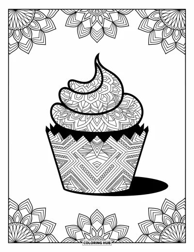 Coloriage de cupcakes pour adultes : Un cupcake aux motifs mandala posé avec grâce, entouré de bordures complexes et de dessins floraux