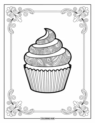 Coloriage de cupcakes pour adultes : Un cupcake avec des détails cachemire au milieu de motifs floraux et de bordures ornées