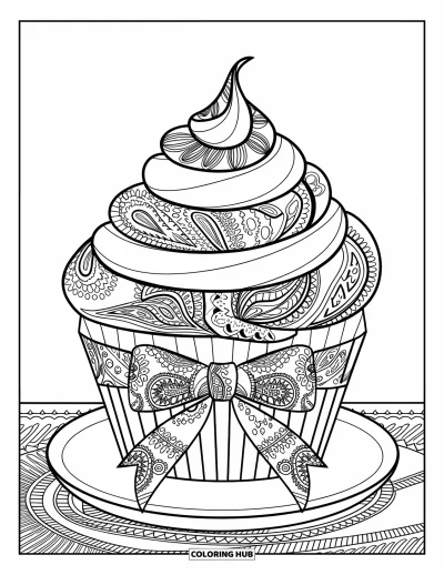 Coloriage de cupcakes pour adultes : Un cupcake avec un glaçage cachemire et un nœud est posé sur une assiette