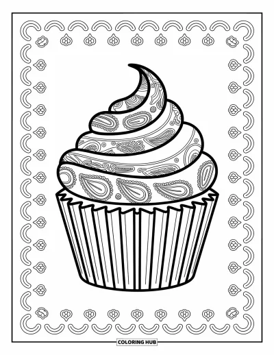 Coloriage de cupcakes pour adultes : Un cupcake au glaçage cachemire entouré de motifs délicats et détaillés