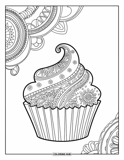 Coloriage de cupcakes pour adultes : Un cupcake au glaçage cachemire avec des motifs artistiques autour