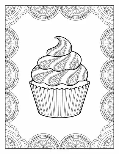 Coloriage de cupcakes pour adultes : Un cupcake aux motifs cachemire parmi des bordures élaborées et des motifs floraux
