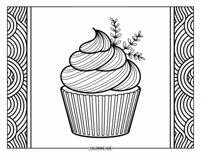 Coloriage de cupcakes pour adultes : Un cupcake avec des volutes et des détails botaniques sur un fond à motifs floraux