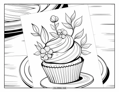 Coloriage de cupcakes pour adultes : Un cupcake avec des volutes et des fleurs sur une assiette avec des accents botaniques