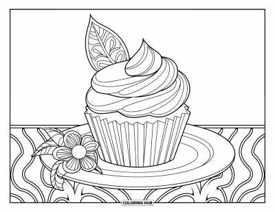 Coloriage de cupcakes pour adultes : Un cupcake avec des volutes et des feuilles sur une assiette avec une fleur à proximité