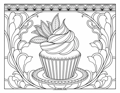 Coloriage de cupcakes pour adultes : Un cupcake avec des volutes et des feuilles sur une soucoupe parmi des fleurs