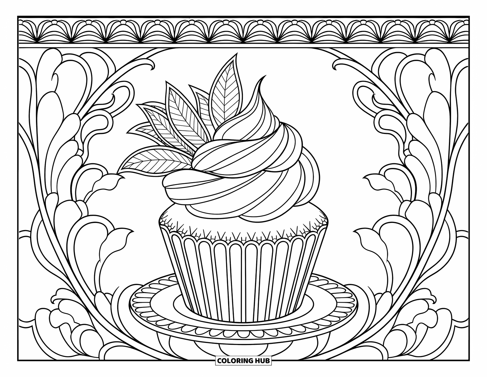 Cupcake Coloring Page for Adults: A cupcake with swirls and leaves sits on a saucer among flowers