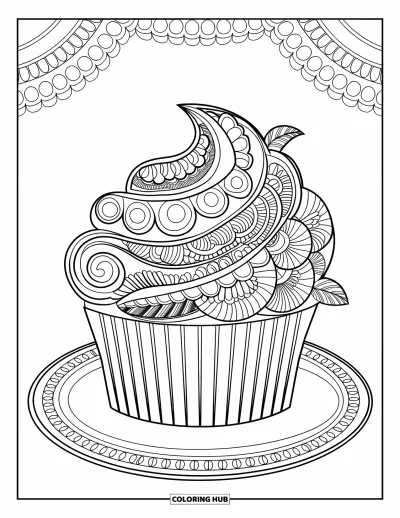 Coloriage de cupcakes pour adultes : Un cupcake avec des volutes, des fleurs et des feuilles dans le glaçage est posé sur une assiette