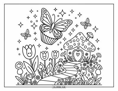 Coloriage de cupcakes pour adultes : Un cupcake avec des ailes vole au-dessus de tulipes et de champignons pendant qu’un lapin observe