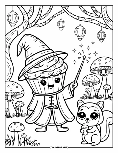 Coloriage de cupcakes pour adultes : Un cupcake magicien enchante des champignons d’étincelles pendant qu’un écureuil regarde