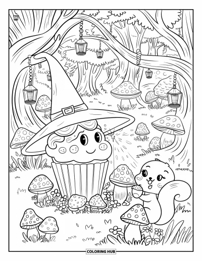 Coloriage de cupcakes pour adultes : Un cupcake magicien répand des étincelles dans une forêt mystique avec des champignons et un écureuil