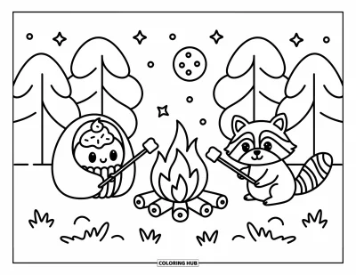 Coloriage de cupcakes pour adultes : Un cupcake emmitouflé dans un sac de couchage fait griller des guimauves avec un raton laveur près du feu