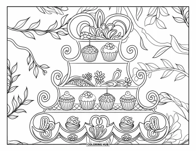 Coloriage de cupcakes pour adultes : Un présentoir à cupcakes courbé avec feuilles et arabesques porte différents cupcakes