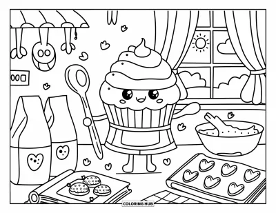 Coloriage de cupcakes pour adultes : Un adorable cupcake prépare des biscuits en forme de cœur dans une cuisine chaleureuse remplie de douceurs et de soleil