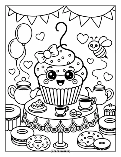Coloriage de cupcakes pour adultes : Un cupcake heureux prend le thé avec des desserts, une théière et une petite abeille amicale
