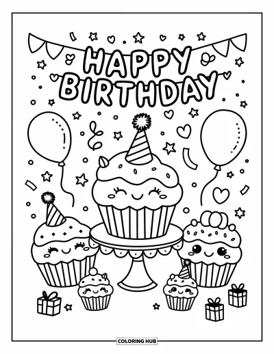 Coloriage de cupcakes pour adultes : Un cupcake heureux avec un chapeau de fête entouré de ballons, de cadeaux et d’une bannière d’anniversaire