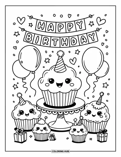Coloriage de cupcakes pour adultes : Un cupcake heureux avec un chapeau de fête se tient sur un piédestal, entouré de ballons et de confettis