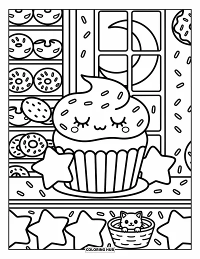Coloriage de cupcakes pour adultes : Un cupcake somnolent est allongé sur une étagère avec des coussins étoilés, des biscuits et un chat curieux