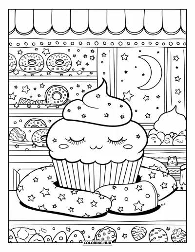 Coloriage de cupcakes pour adultes : Un cupcake endormi se détend sur une étagère de boulangerie entouré de biscuits, donuts et vermicelles