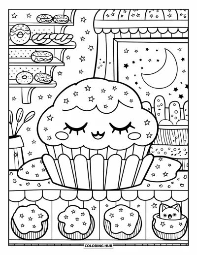 Coloriage de cupcakes pour adultes : Un cupcake somnolent repose sur une étagère de boulangerie avec des donuts et des vermicelles dans une ambiance rêveuse