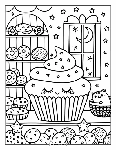 Coloriage de cupcakes pour adultes : Un cupcake endormi se repose sur une étagère avec des coussins étoilés, des biscuits et un petit chat