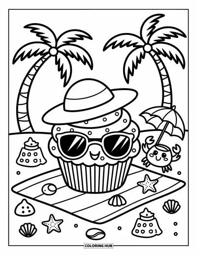Coloriage de cupcakes pour adultes : Un cupcake amateur de soleil se détend sur une serviette avec des coquillages, une boisson et un crabe