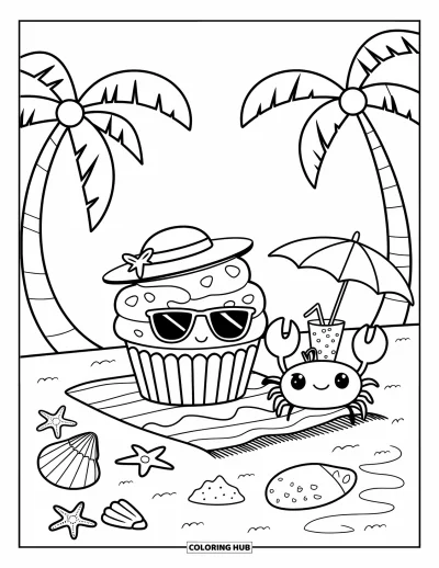Coloriage de cupcakes pour adultes : Un cupcake amateur de soleil se repose sur une serviette avec des coquillages, des châteaux de sable et un crabe souriant