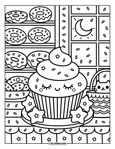Coloriage de cupcakes pour adultes : Un cupcake fatigué se repose parmi des coussins étoilés, des biscuits et un chat curieux sur une étagère