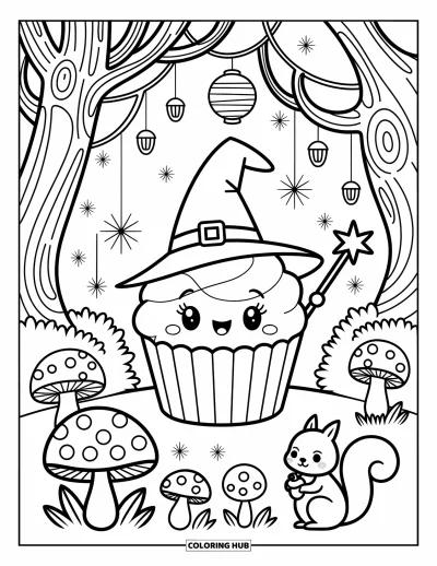Coloriage de cupcakes pour adultes : Un cupcake magicien lance des sorts sur des champignons avec un écureuil dans une forêt enchantée