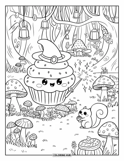 Coloriage de cupcakes pour adultes : Un cupcake sorcier lance des étincelles dans une forêt enchantée avec des champignons et un écureuil curieux