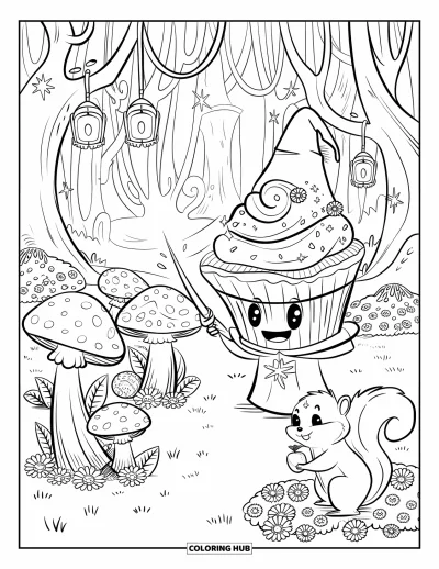 Coloriage de cupcakes pour adultes : Un cupcake sorcier dans une forêt lance de la magie sur des champignons pendant qu’un écureuil observe