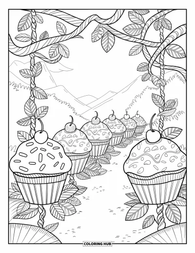 Coloriage de cupcakes pour adultes : Des fleurs en forme de cupcake longent un chemin de jardin avec des lianes et des volutes