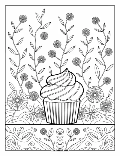 Coloriage de cupcakes pour adultes : Des cupcakes éclosent comme des fleurs dans une scène de jardin aux lianes et motifs complexes