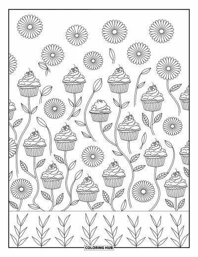 Coloriage de cupcakes pour adultes : Des cupcakes poussent parmi des fleurs et des lianes avec de délicats motifs tourbillonnants
