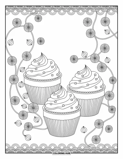 Coloriage de cupcakes pour adultes : Des cupcakes au glaçage détaillé parmi des fleurs et des lianes dans un jardin élégant