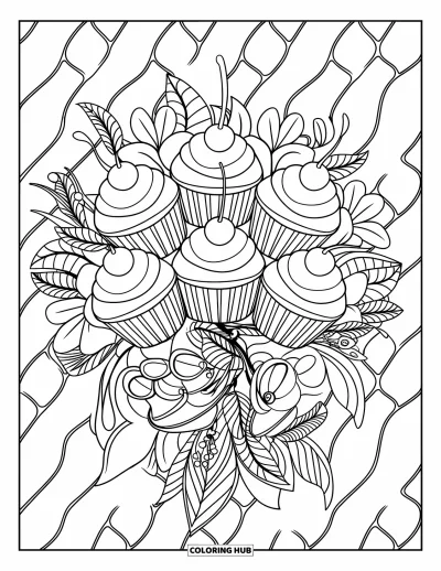 Coloriage de cupcakes pour adultes : Des cupcakes avec des volutes et des cerises sont entourés de fleurs et de lianes