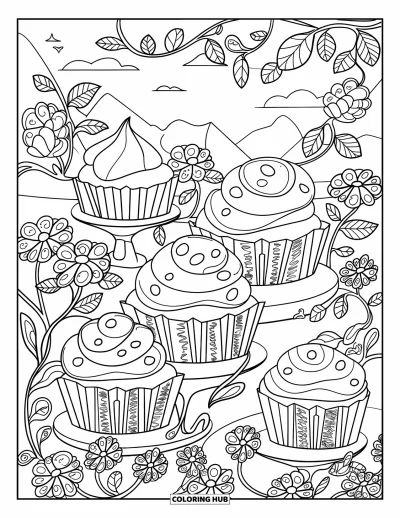 Coloriage de cupcakes pour adultes : Des cupcakes avec des volutes et des pépites de chocolat au milieu de fleurs et de lianes
