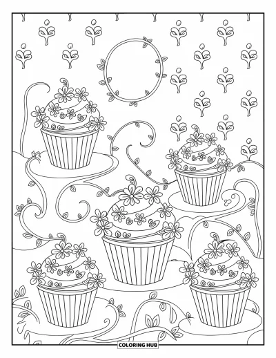 Coloriage de cupcakes pour adultes : Des cupcakes avec des volutes et des fleurs reposent dans un jardin rempli de détails raffinés