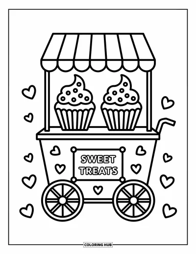 Coloriage de cupcakes pour enfants : Un chariot de boulangerie avec deux cupcakes et des décorations ludiques
