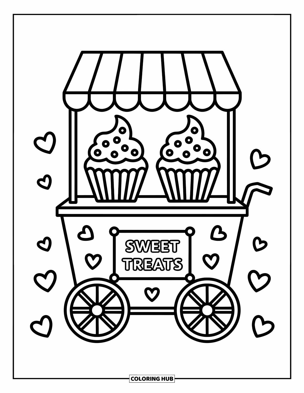 Cupcake Coloring Page for Kids: A bakery cart with two cupcakes and playful decorations