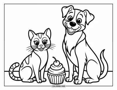 Coloriage de cupcakes pour enfants : Un chat et un chien sont assis ensemble avec un cupcake entre eux