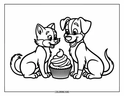 Coloriage de cupcakes pour enfants : Un chat et un chien assis ensemble avec un cupcake