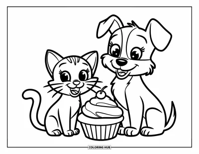 Coloriage de cupcakes pour enfants : Un chat et un chien sont assis ensemble avec un cupcake au milieu