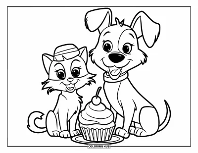 Coloriage de cupcakes pour enfants : Un chat avec un chapeau et un chien avec un collier sont assis près d’un cupcake