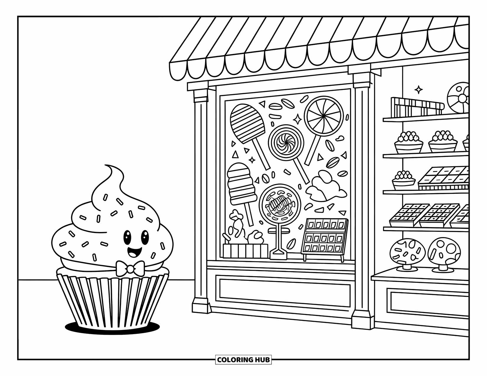 Cupcake Coloring Page for Kids: A cheerful cupcake with sprinkles stands outside a candy shop