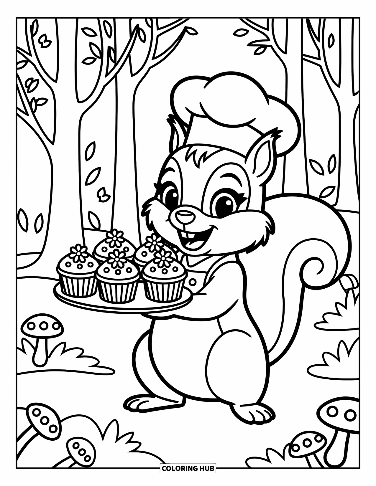 Cupcake Coloring Page for Kids: A chef squirrel holding cupcakes in a cozy forest clearing